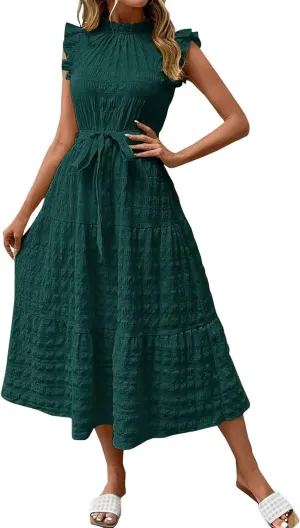 Summer Dresses for Women Ruffle Sleeve Neck Sundress High Waist Strappy Midi Dress Fashion Trendy Dressy Dresses
