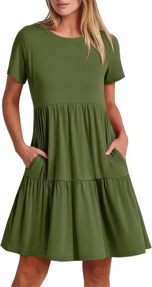 Summer Dresses for Women Short Sleeve Crew Neck Ruffle Tiered Midi Dresses Loose Fit Solid Color Sundress 2025