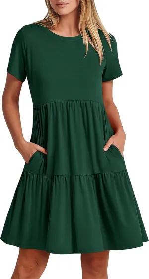 Summer Dresses for Women Short Sleeve Crew Neck Ruffle Tiered Midi Dresses Loose Fit Solid Color Sundress 2025