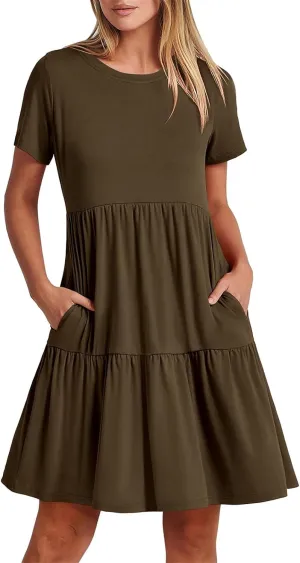 Summer Dresses for Women Short Sleeve Crew Neck Ruffle Tiered Midi Dresses Loose Fit Solid Color Sundress 2025