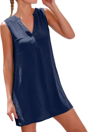 Summer Dresses for Women Vacation Swim Cover Up 2025 Sleeveless V Neck Solid Color Loose Fit Beach Coverup
