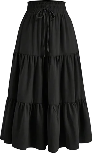 Summer Midi Skirts for Women High Elastic Waist Tie Front Floral Print Boho Beach Flowy Frilly Tiered Ruffle Skirt