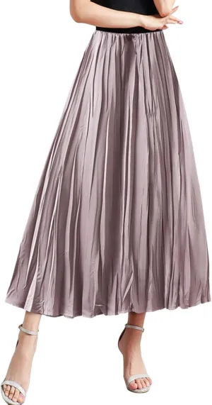 Summer Pleated Midi Skirts for Women Casual High Waisted Solid Color Flowy A Line Swing Long Skirt