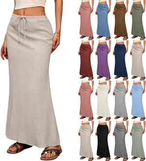 Summer Skirts for Women 2025 Maxi Length Back Slit Linen Skirt Summer Drawstring Elastic Waist Long Skirt with Pocket