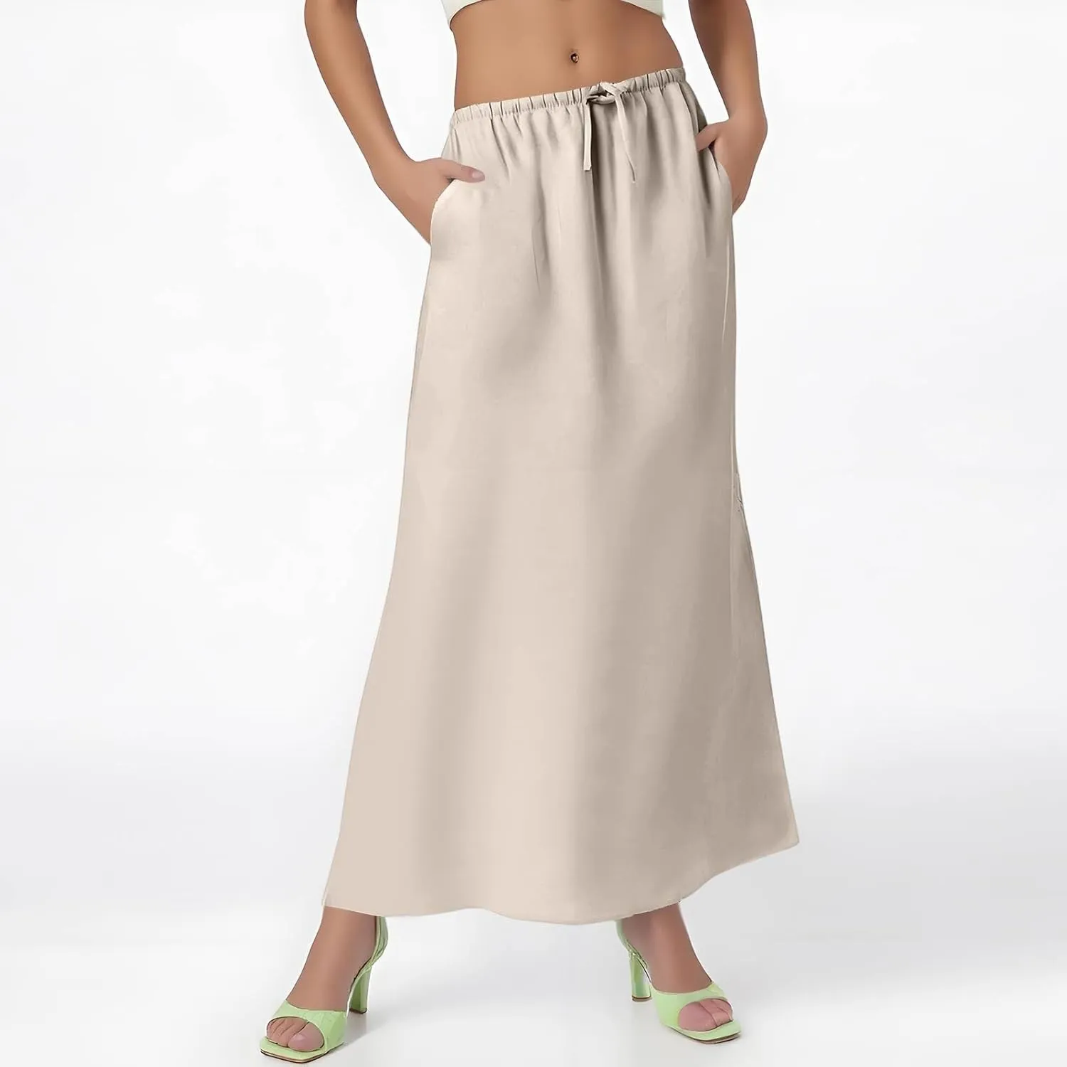 Summer Skirts for Women 2025 Maxi Length Back Slit Linen Skirt Summer Drawstring Elastic Waist Long Skirt with Pocket
