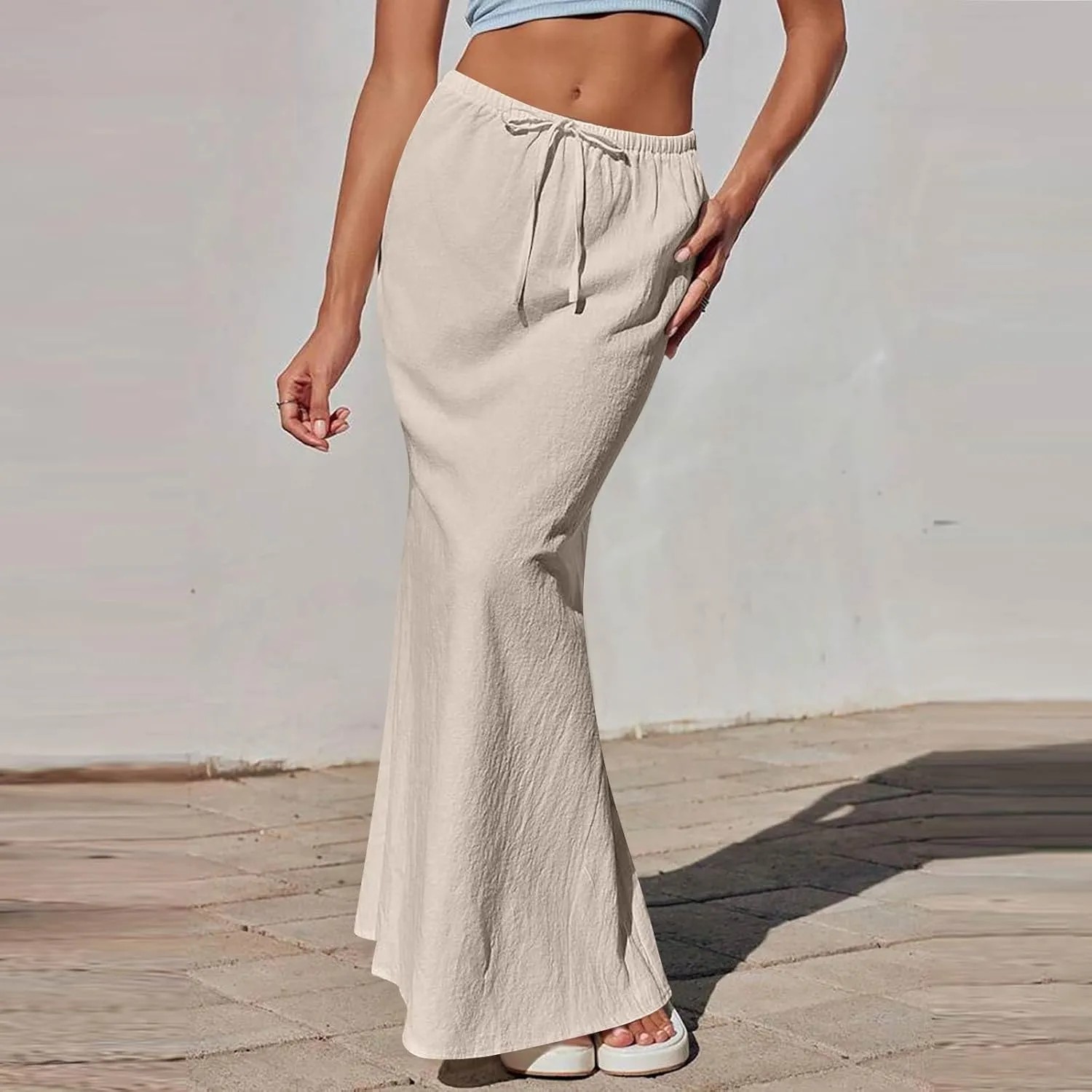 Summer Skirts for Women 2025 Maxi Length Back Slit Linen Skirt Summer Drawstring Elastic Waist Long Skirt with Pocket