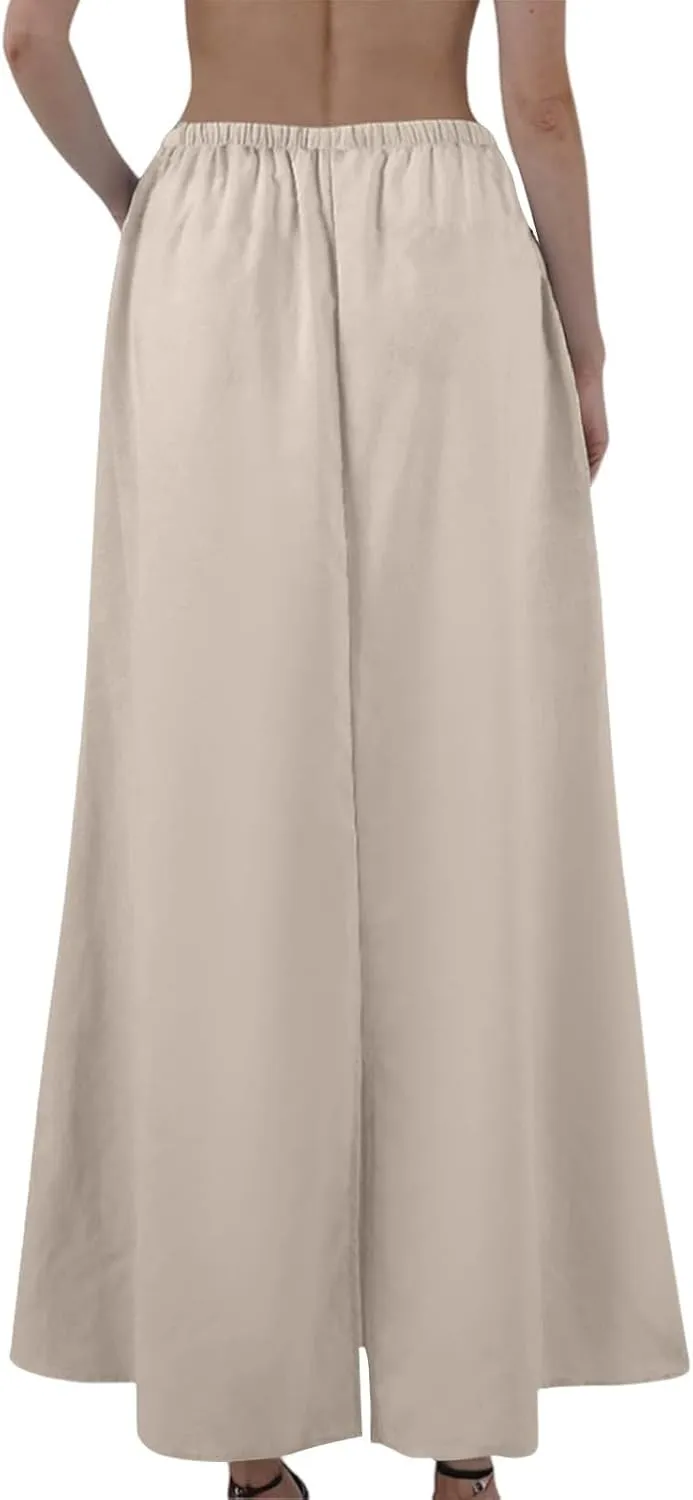 Summer Skirts for Women 2025 Maxi Length Back Slit Linen Skirt Summer Drawstring Elastic Waist Long Skirt with Pocket