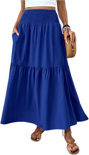 Summer Skirts for Women 2025 Smocked High Waisted Ditsy Floral Maxi Skirt Boho Beach Tiered A Line Skirt with Pockets