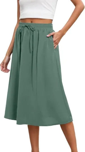 Summer Skirts for Women Midi Length Drawstring Elastic Waisted Flowy Ruffle A-Line Skirt with Pockets