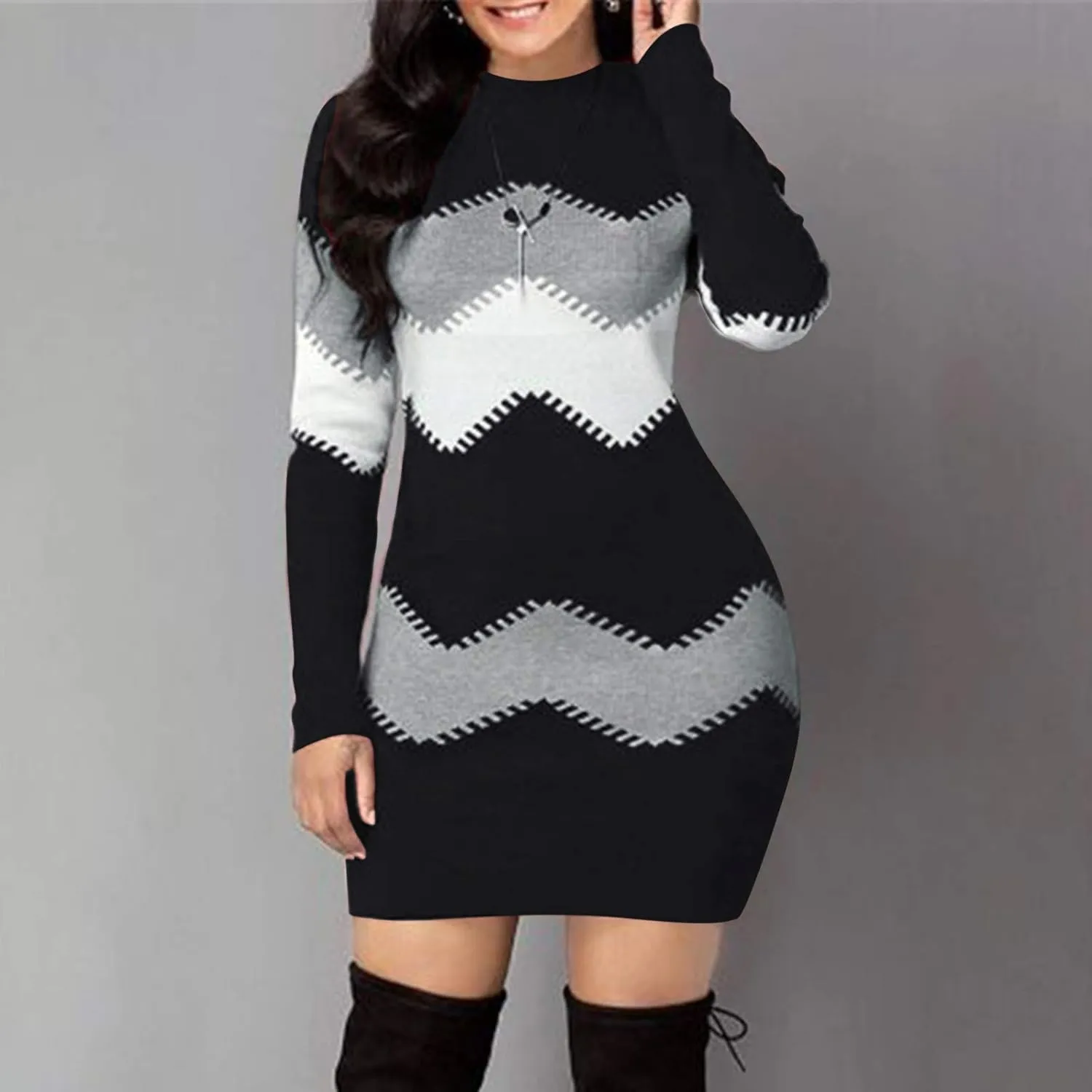 Sweater Dress Midi Turtleneck Home Lady Stretchable Elasticity Sweater Stretchable Elasticity