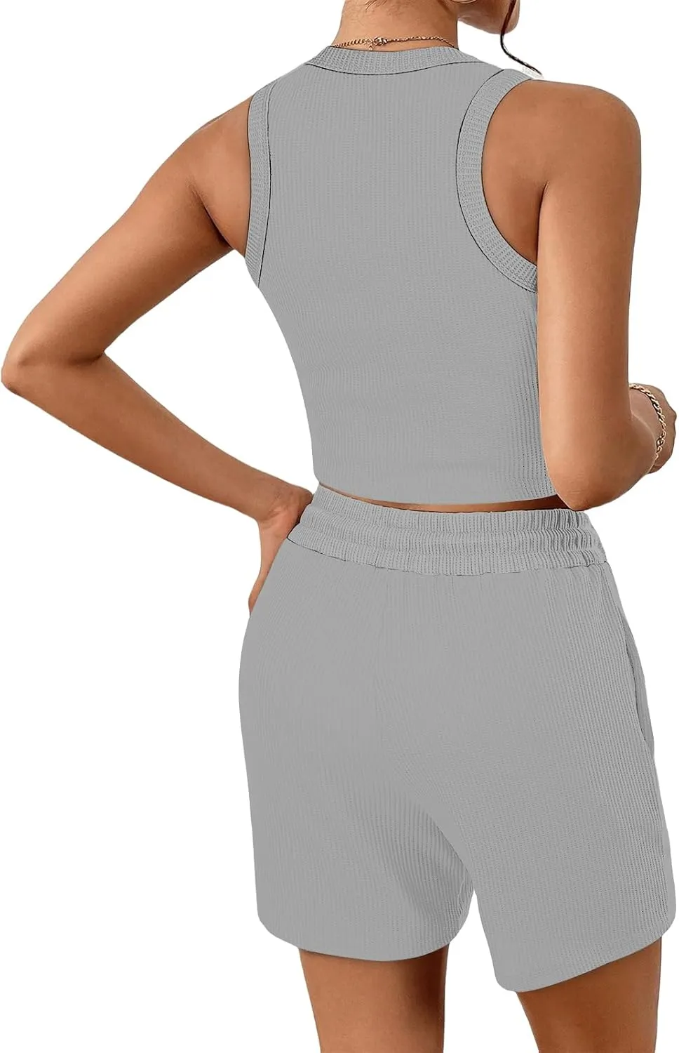 Two Piece Sets for Women Sleeveless Crop Top and Shorts Waffle Lounge Set Tracksuits Sweatsuits Beach Vacation Outfits