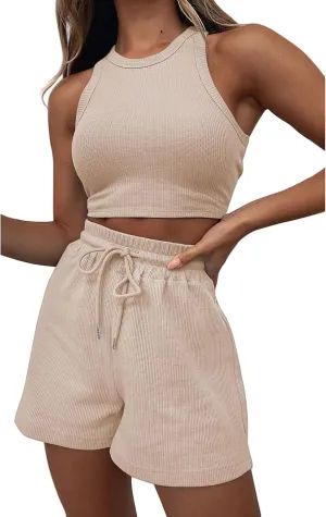 Two Piece Sets for Women Sleeveless Crop Top and Shorts Waffle Lounge Set Tracksuits Sweatsuits Beach Vacation Outfits