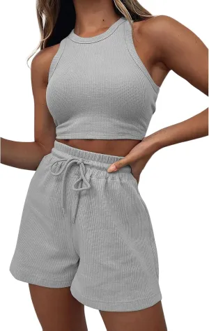Two Piece Sets for Women Sleeveless Crop Top and Shorts Waffle Lounge Set Tracksuits Sweatsuits Beach Vacation Outfits