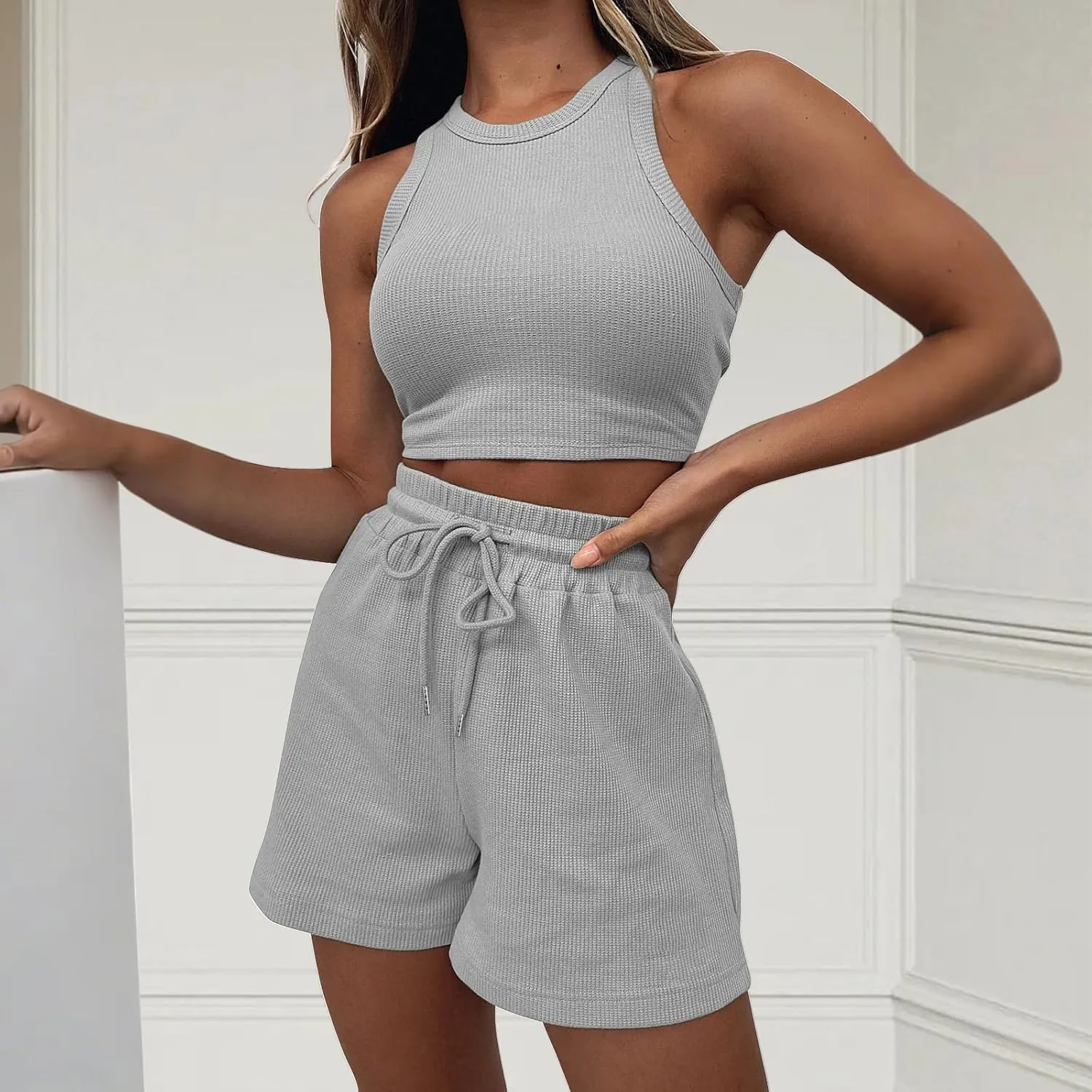 Two Piece Sets for Women Sleeveless Crop Top and Shorts Waffle Lounge Set Tracksuits Sweatsuits Beach Vacation Outfits