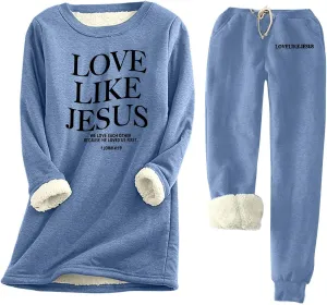 Two Piece Womens Winter Warm Love Like Jesus Sweatshirts and High Waist Sweatpants Fleece Lined Loungewear