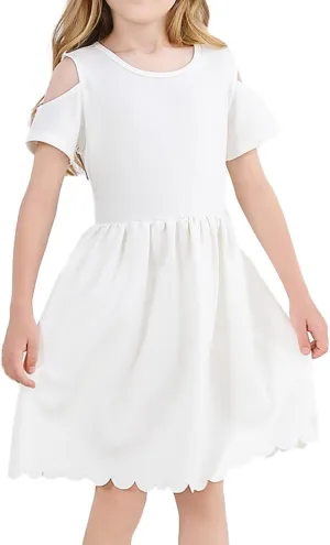 VASCHY Girls' Scallop-Detail Cutout-Sleeve A-Line Dress for Wedding/Birthday/Party Swing Twirly Summer Outfits Clothes Kids