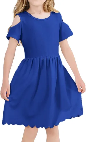 VASCHY Girls' Scallop-Detail Cutout-Sleeve A-Line Dress for Wedding/Birthday/Party Swing Twirly Summer Outfits Clothes Kids