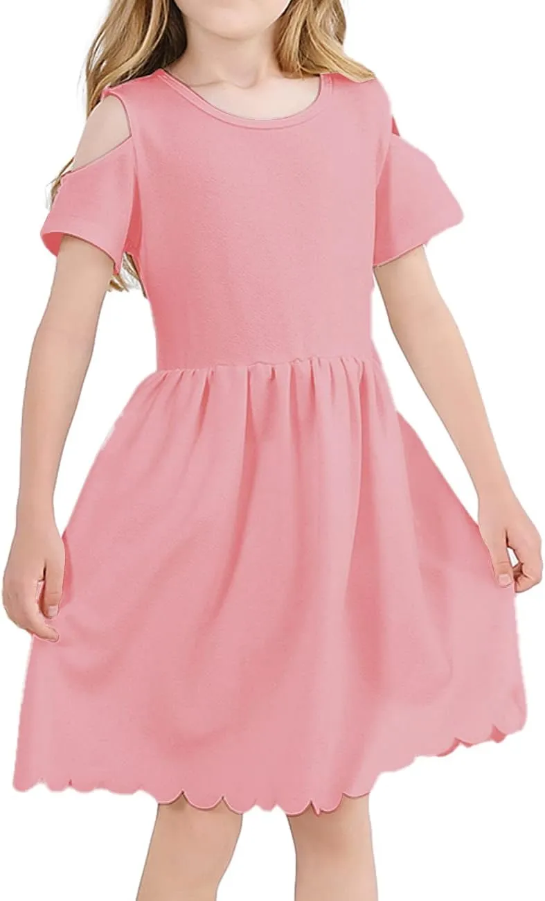 VASCHY Girls' Scallop-Detail Cutout-Sleeve A-Line Dress for Wedding/Birthday/Party Swing Twirly Summer Outfits Clothes Kids