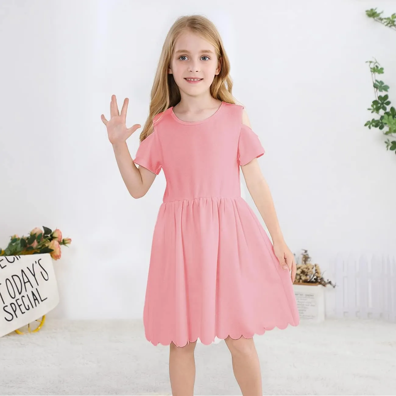 VASCHY Girls' Scallop-Detail Cutout-Sleeve A-Line Dress for Wedding/Birthday/Party Swing Twirly Summer Outfits Clothes Kids