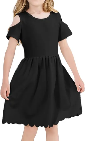 VASCHY Girls' Scallop-Detail Cutout-Sleeve A-Line Dress for Wedding/Birthday/Party Swing Twirly Summer Outfits Clothes Kids