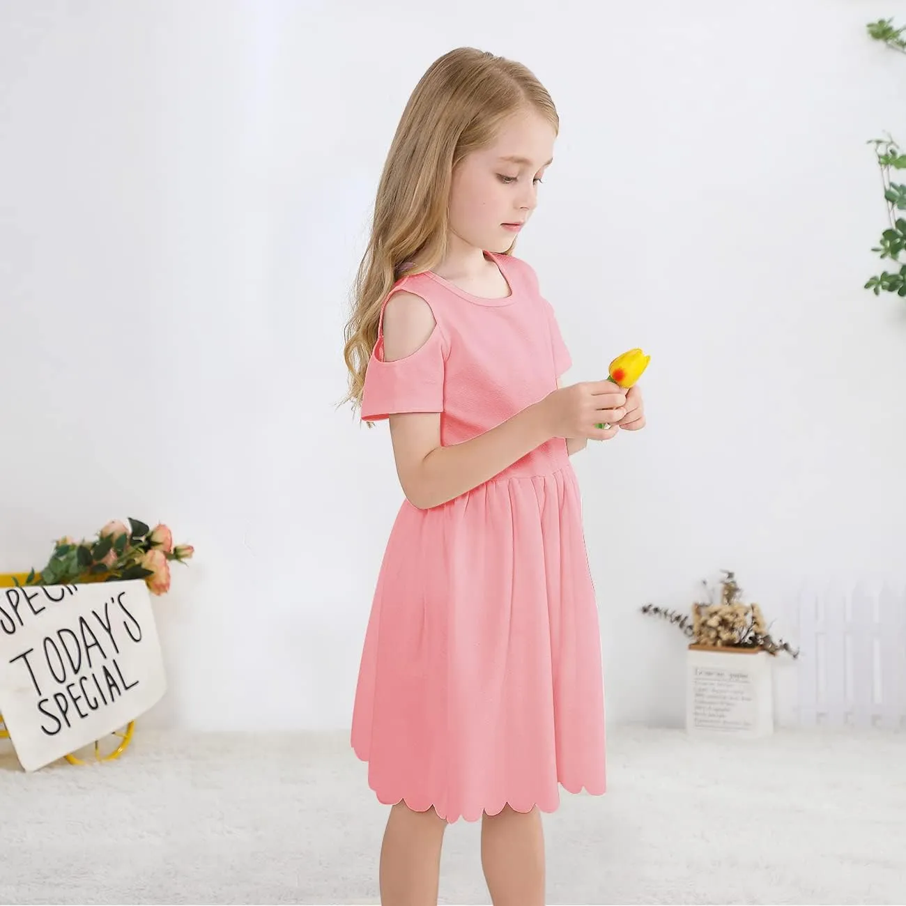 VASCHY Girls' Scallop-Detail Cutout-Sleeve A-Line Dress for Wedding/Birthday/Party Swing Twirly Summer Outfits Clothes Kids