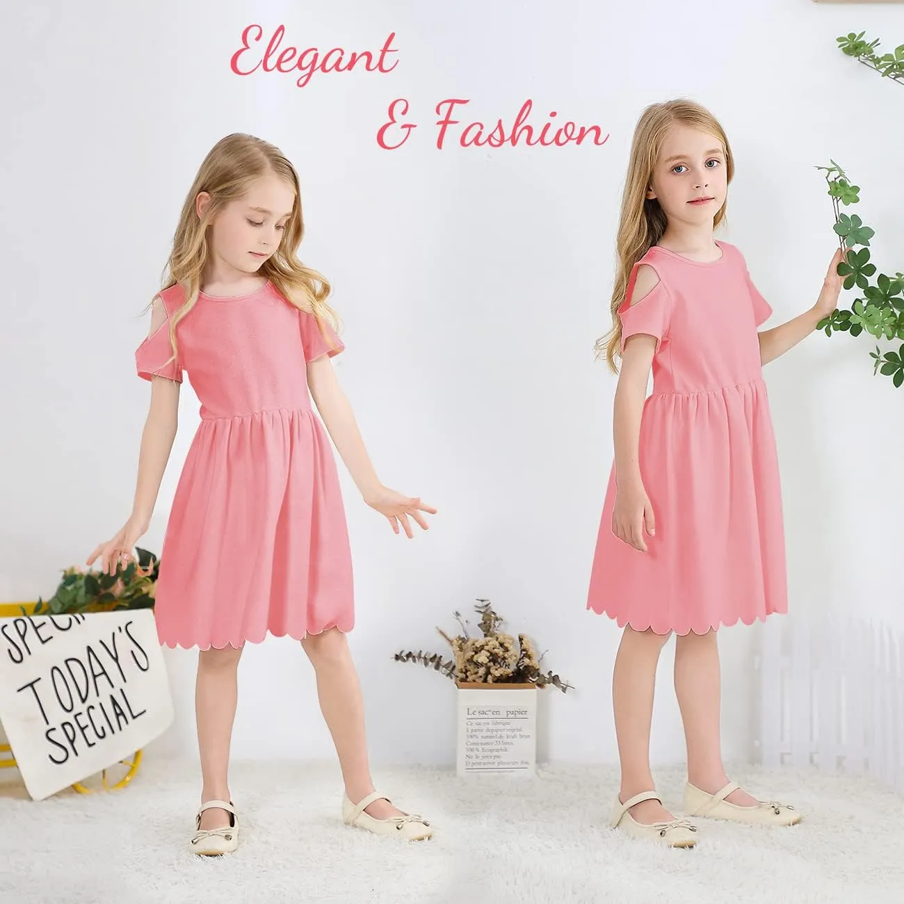 VASCHY Girls' Scallop-Detail Cutout-Sleeve A-Line Dress for Wedding/Birthday/Party Swing Twirly Summer Outfits Clothes Kids