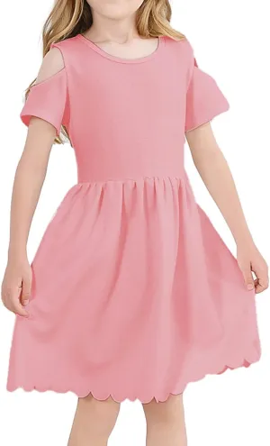 VASCHY Girls' Scallop-Detail Cutout-Sleeve A-Line Dress for Wedding/Birthday/Party Swing Twirly Summer Outfits Clothes Kids
