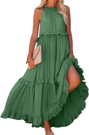 Wedding Guest Dress for Women Sleeveless Tank Tops Maxi Dress Ruffle Tiered Fashion Dresses Casual Layered Dresses