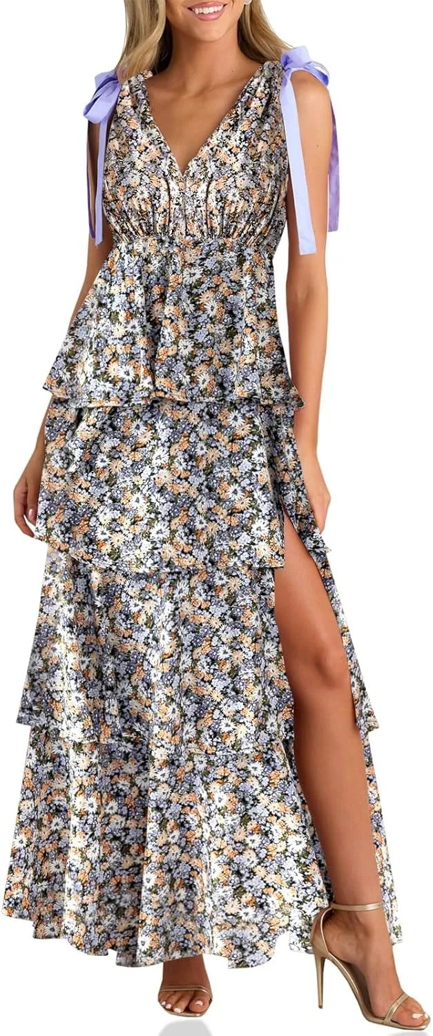 Wenrine Womens Summer Floral Maxi Dress Tie Strap Sleeveless V Neck High Slit Boho Ruffle Tiered Beach Dresses