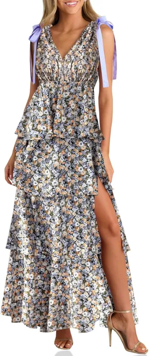 Wenrine Womens Summer Floral Maxi Dress Tie Strap Sleeveless V Neck High Slit Boho Ruffle Tiered Beach Dresses