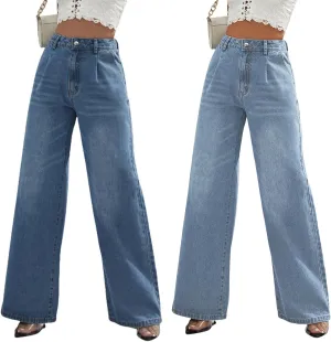 Wide Leg Jeans for Women 2024 Trendy High Waisted Elastic Straight Leg Jeans Buttoned Loose Denim Pants with Pocket