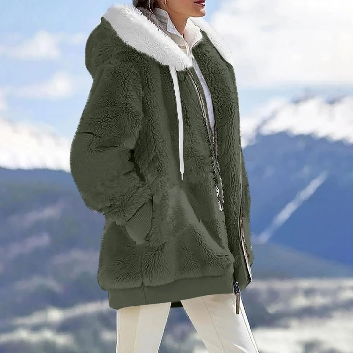 Winter Jackets for Women Full Zip Up Fuzzy Fleece Jacket Hooded Color Block Patchwork Cardigan Coats with Pockets