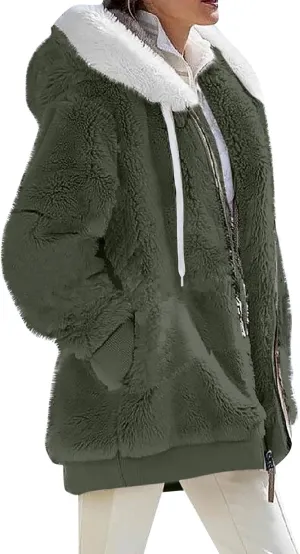Winter Jackets for Women Full Zip Up Fuzzy Fleece Jacket Hooded Color Block Patchwork Cardigan Coats with Pockets