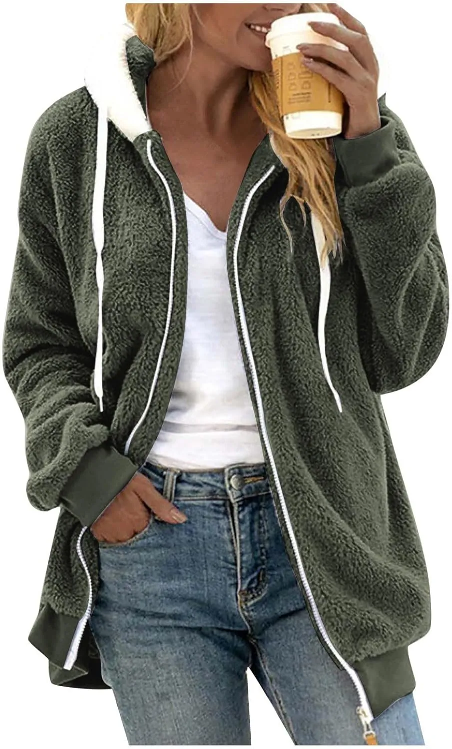 Winter Jackets for Women Full Zip Up Fuzzy Fleece Jacket Hooded Color Block Patchwork Cardigan Coats with Pockets