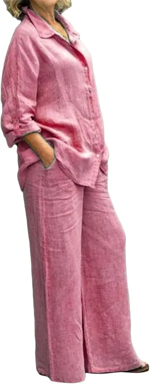 Women 2 Piece Outfits Sets Summer Casual Linen Sets Button Down Long Sleeve Shirt Blouse and Wide Leg Pants Lounge Set