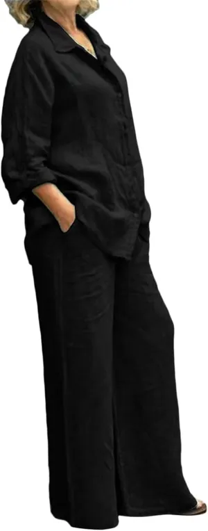 Women 2 Piece Outfits Sets Summer Casual Linen Sets Button Down Long Sleeve Shirt Blouse and Wide Leg Pants Lounge Set