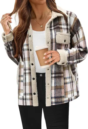 Women 2024 Hooded Flannel Jacket Warm Sherpa Shacket Fleece Lined Button Down Plaid Coat Trendy Fall Winter Outfits