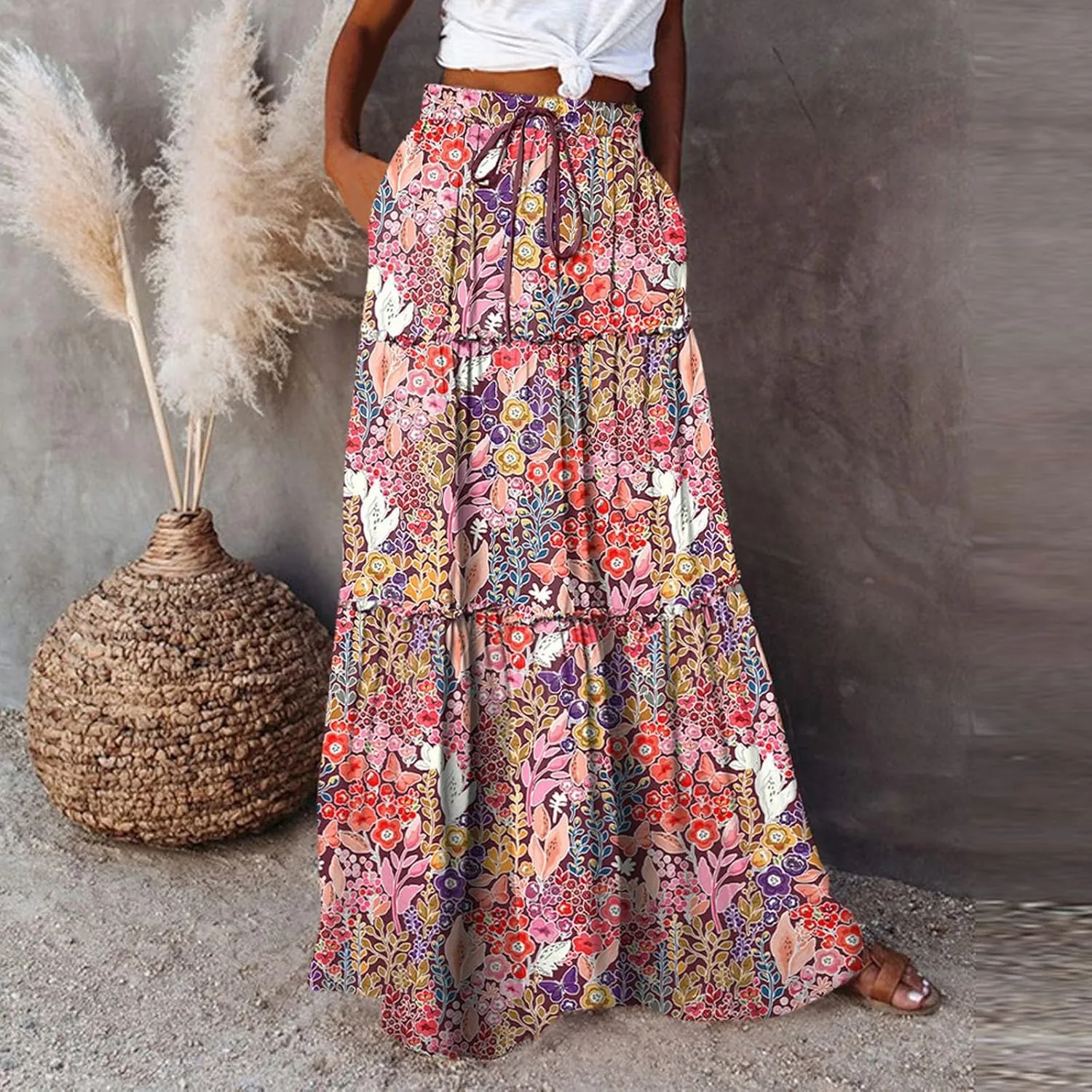 Women Boho Floral Maxi Skirt Elastic High Waist Tiered Pleated Flowy Long Summer Beach Casual Skirt