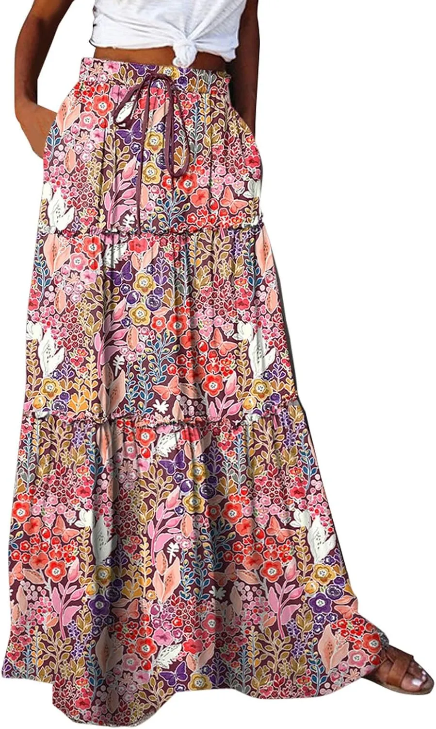 Women Boho Floral Maxi Skirt Elastic High Waist Tiered Pleated Flowy Long Summer Beach Casual Skirt
