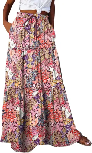 Women Boho Floral Maxi Skirt Elastic High Waist Tiered Pleated Flowy Long Summer Beach Casual Skirt