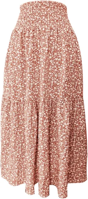 Women Casual Floral Print Boho Maxi Skirt Elastic High Waist Tiered Pleated Flowy Long Summer Beach