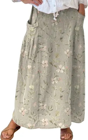 Women Casual Flowy Long Maxi Skirts Boho Floral Elastic High Waist Tiered Pleated Summer Beach Skirt