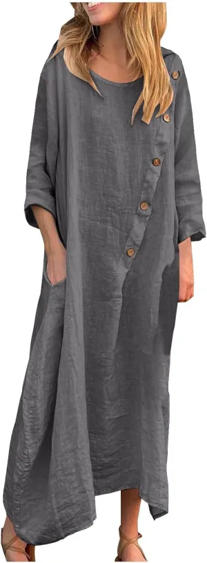 Women Cotton Linen Kaftan Dress 3/4 Sleeve Crewneck Shift Dresses Summer Oversized Tshirt Robe Irregular Hem Maxi Dress