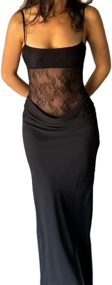 Women Cut Out Lace Maxi Dress Backless Sleeveless Lace Patchwork Bodycon Long Dresses Cocktail Evening Dress