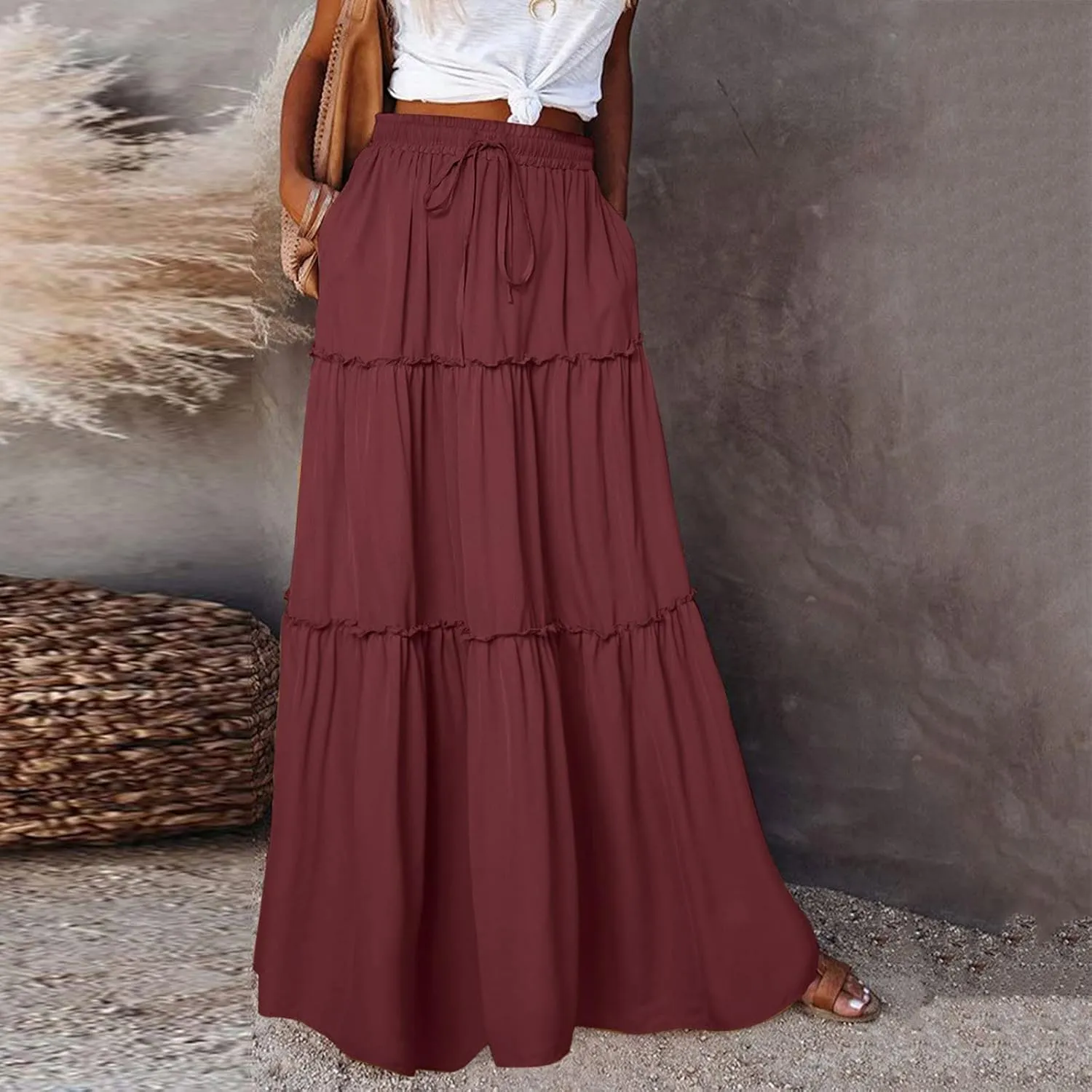Women Elastic High Waist Floral Print Boho Maxi Skirt Tiered Pleated Flowy Long Summer Beach Skirt