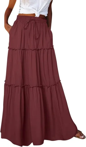 Women Elastic High Waist Floral Print Boho Maxi Skirt Tiered Pleated Flowy Long Summer Beach Skirt