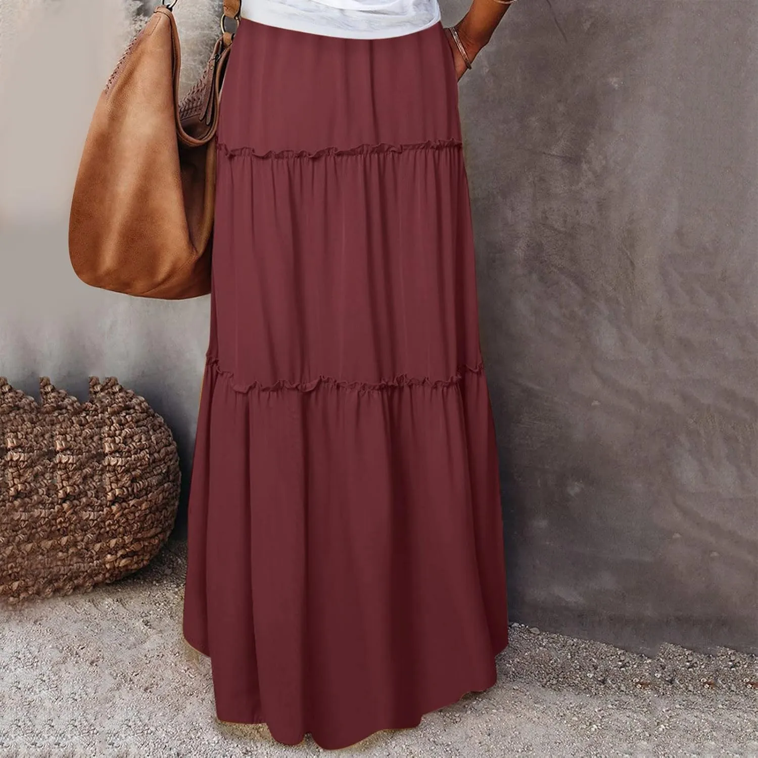 Women Elastic High Waist Floral Print Boho Maxi Skirt Tiered Pleated Flowy Long Summer Beach Skirt