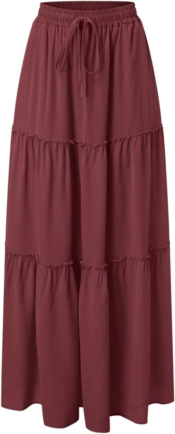 Women Elastic High Waist Floral Print Boho Maxi Skirt Tiered Pleated Flowy Long Summer Beach Skirt