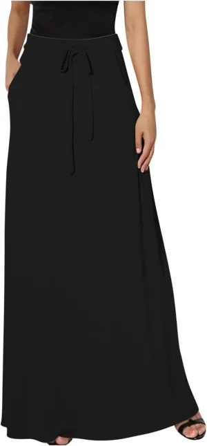 Women Elegant Maxi Skirts Drawstring Waist Casual Long Skirt with Pocket, Dressy Plain Midi Skirt Flowy Half Dress