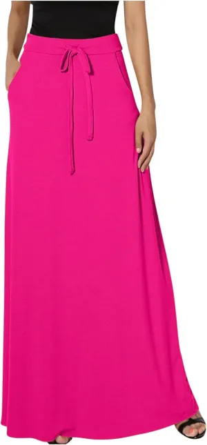 Women Elegant Maxi Skirts Drawstring Waist Casual Long Skirt with Pocket, Dressy Plain Midi Skirt Flowy Half Dress